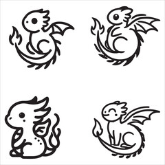 Obraz premium Baby Dragon vector silhouette, simple black an white baby dragon vector silhouette isolated on a white background, Cute dragon coloring page vector art illustration coloring book design