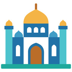 Isolated Geometric Mosque with Golden Dome and Blue Minarets Flat Design