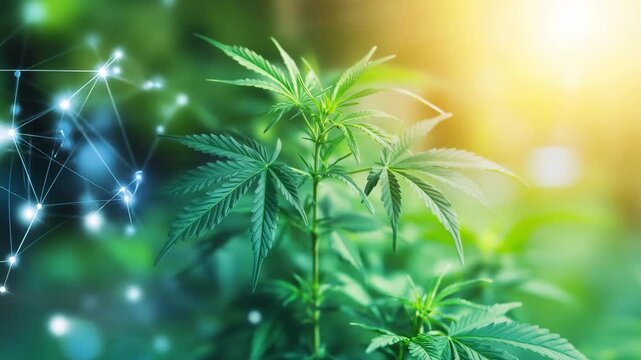 Discover the interaction between cannabis plants and technology under warm sunlight in a lush environment