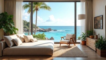 Fototapeta premium Cozy living room with stunning panoramic ocean view from penthouse apartment. Modern design, comfortable sofa, indoor plants, natural sunlight create relaxing vacation atmosphere. Perfect for luxury