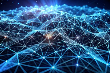 A mesmerizing digital landscape of interconnected nodes forming a vibrant, flowing network, illuminated with bright, glowing points of light against a dark background.