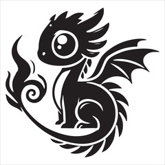 Fototapeta premium Baby Dragon vector silhouette, simple black an white baby dragon vector silhouette isolated on a white background, Cute dragon coloring page vector art illustration coloring book design