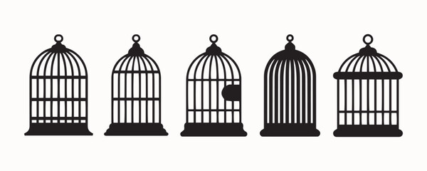 Vintage Birdcage Silhouette Set – Hanging and Standing Cages for Pet Birds, Decorative Interiors, and Retro-Themed Designs