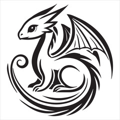 Obraz premium Baby Dragon vector silhouette, simple black an white baby dragon vector silhouette isolated on a white background, Cute dragon coloring page vector art illustration coloring book design