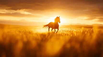 Dark Horse Running in Golden Sunset Field