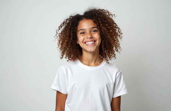 Portrait of smiling pretty schoolgirl. Joyful preteen girl with curly hair, white background. Black female child with happy face. Beauty, skincare, healthy teeth concept. Positive emotions, joy.