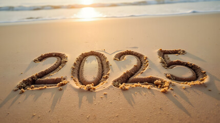 The year 2025 is written on the ocean shore. The inscription 2025 on the sand by the ocean.