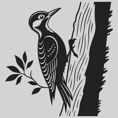 A woodpecker pecking a tree  image silhouette design vector art and illustration