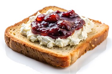 Delicious slice of cake with cherries and cream on a plate