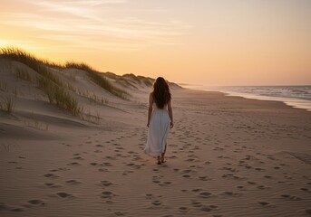 A woman walking alone along a sandy beach at sunset, enjoying a moment of peace and tranquility. The setting sun casts a warm glow over the scene.