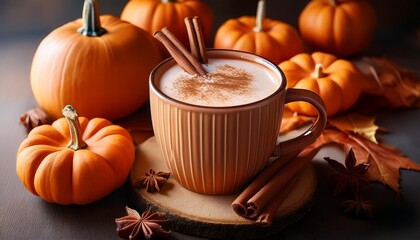 delicious pumpkin spice drink with cinnamon sticks in a warm mug