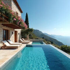 Luxurious poolside scene with sunbeds overlooking turquoise sea. Swimming pool in luxury hotel at resort. Scenic vacation with crystal clear water, mountains background on summer day. Travel tour