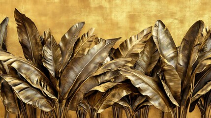 Naklejka premium Elegant golden leaves of tropical plants against textured gold backdrop