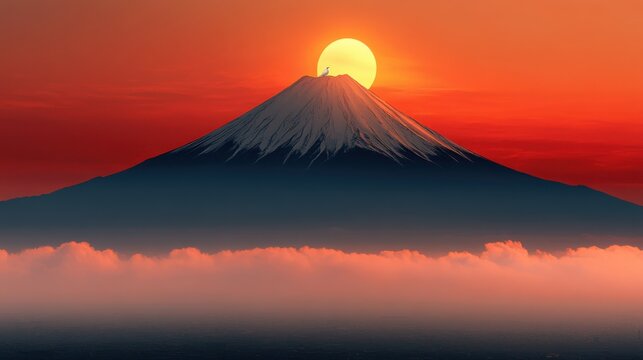 A realistic 8K image of a majestic snow-covered mountain with a white bird perched on top, gazing over the landscape as the sky transitions into orange and yellow hues from a setting sun. - Powered by Adobe
