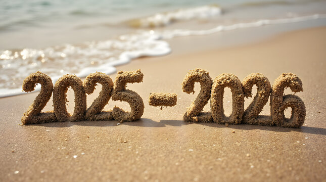 Against the background of waves on the sea coast of the year 2025-2026. Years 2025-2026 from sand on the ocean shore.