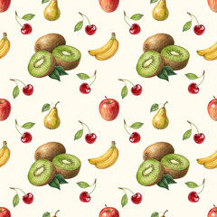 Seamless Watercolor Pattern with Kiwi, Banana, Pear, Cherry, and Apple Fruits on Light Background