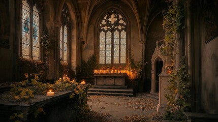 Obraz premium An abandoned cathedral overtaken by creeping vines and soft candlelight.