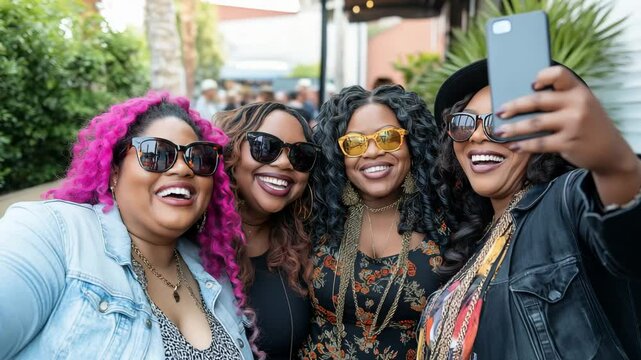 A group of four women enjoys a lively outdoor gathering, sharing laughter and taking selfies while dressed in stylish outfits and sunglasses