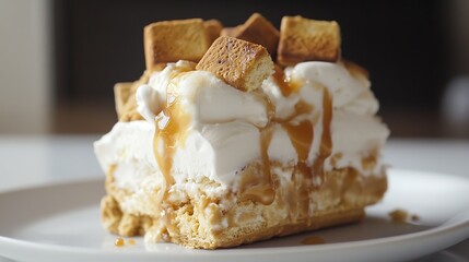 Delicious Creamy Ice Cream Dessert Topped with Caramel and Crispy Brown Butter Crackers Sweet Treat Culinary Photography Food Photography Sweet Food Cold Dish Yummy Baked Snack Taste Sugar Plate Image