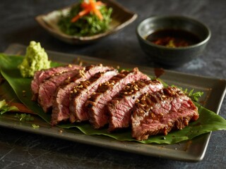 Deliciously grilled steak served with wasabi and fresh greens on a wooden table