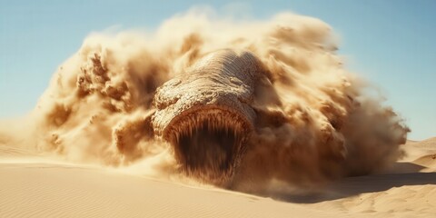 Desert sandworm bursting from beneath the dunes with immense force