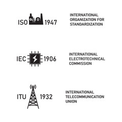 Icons of ISO, IEC, and ITU with founding years. Representation of international standardization, electrotechnical regulations, and telecommunications. Ideal for engineering, industry, and technology.