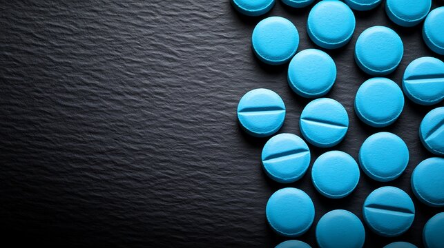 Several light blue tablets arranged on a dark textured surface