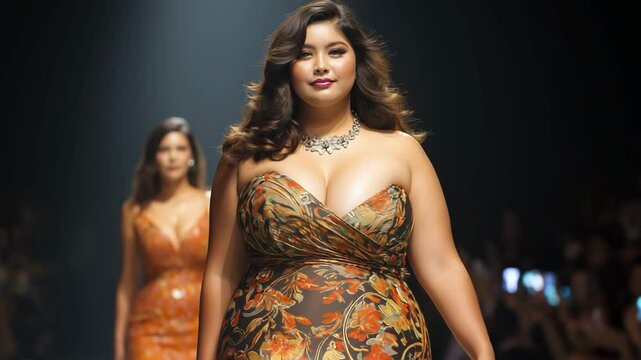 Plus size models walk the runway showcasing fashionable garments while the audience admires the creativity and style at a glamorous event