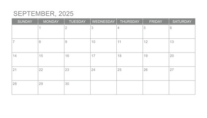 Classic monthly calendar for 2025. week starts on sunday. simple September 2025 calendar template. monthly planner design