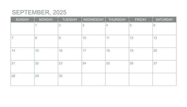 Classic monthly calendar for 2025. week starts on sunday. simple September 2025 calendar template. monthly planner design