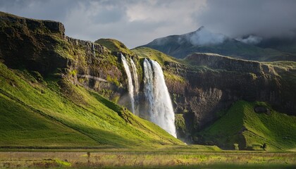 Fototapeta premium majestic waterfall in serene mountain landscape under cloudy sky in iceland