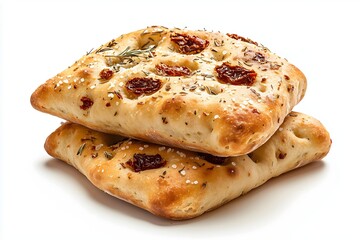 Two freshly baked focaccias with rosemary and sundried tomatoes on a white background