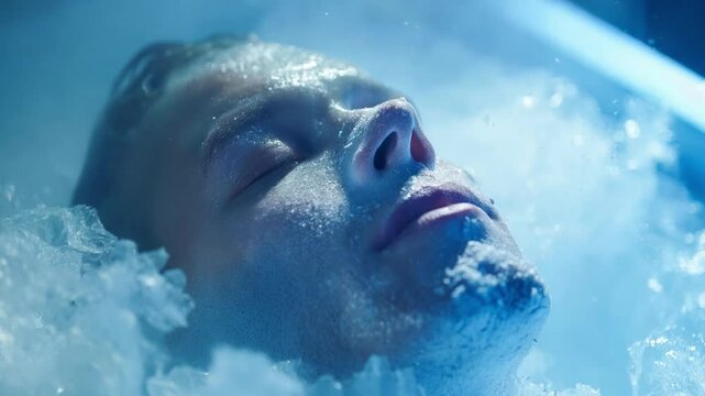This person in cryosleep, encased in ice, in a futuristic setting for exploration.