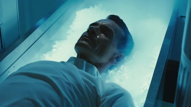 This frozen individual lies in a high-tech cryogenic chamber, embodying future hopes for immortality.