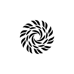 Circular Black Leaf Swirl Logo on White Background