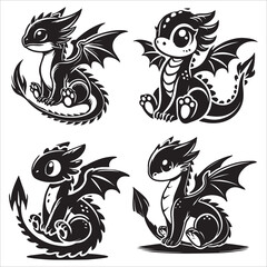 Fototapeta premium Baby Dragon vector silhouette, simple black an white baby dragon vector silhouette isolated on a white background, Cute dragon coloring page vector art illustration coloring book design