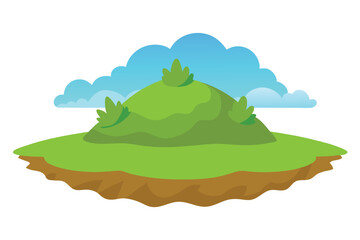 Cartoon Green Island with Grass, Hill, Clouds on Sky, Landscape with Transparent Background