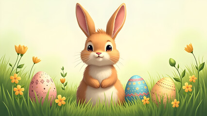 Fototapeta premium Cute Easter Bunny with Folded Paws Amidst Decorated Eggs (Pink, Yellow, Blue) and Flowers in Green Grass, Soft Spring Background, Festive Illustration for Holiday Themes.