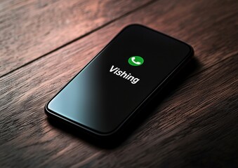 A smartphone screen displays a call labeled "Vishing" indicating a potential voice phishing attempt on a wooden surface.