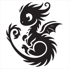 Baby Dragon vector silhouette, simple black an white baby dragon vector silhouette isolated on a white background, Cute dragon coloring page vector art illustration coloring book design