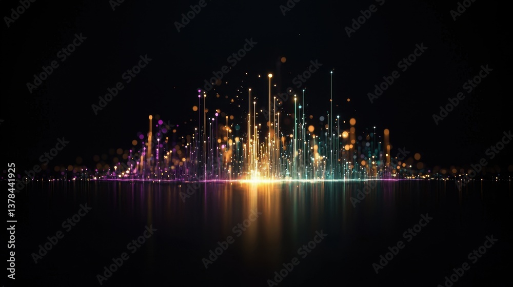 Poster abstract visualization of digital audio frequencies with colorful lights and vibrant particle effect