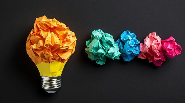 Innovative concept of creativity and brainstorming with colorful crumpled paper lightbulb representing unique ideas and inspiration