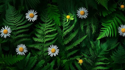Serene Green Oasis: Daisies and Ferns in Lush Foliage