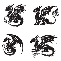 Baby Dragon vector silhouette, simple black an white baby dragon vector silhouette isolated on a white background, Cute dragon coloring page vector art illustration coloring book design