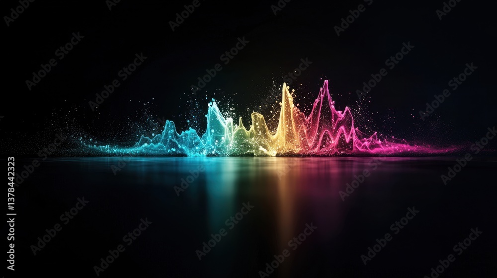 Poster abstract digital visualization of audio frequencies with vibrant colors in dynamic wave patterns