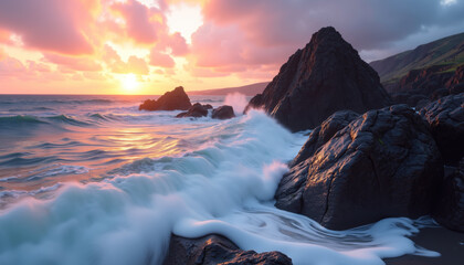 Obraz premium A dramatic sunset with crashing waves against rugged rocks, creating a serene yet powerful coastal scene.