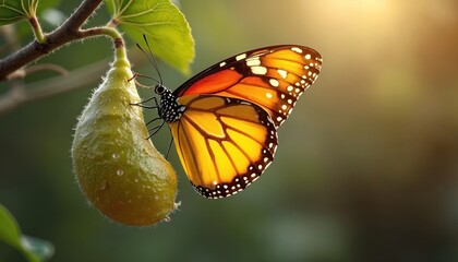 Vibrant monarch butterfly emerges from chrysalis, clinging to green fruit. Nature metamorphosis transition to freedom, insect life, beauty concept, delicate wings. Yellow, orange, black colour