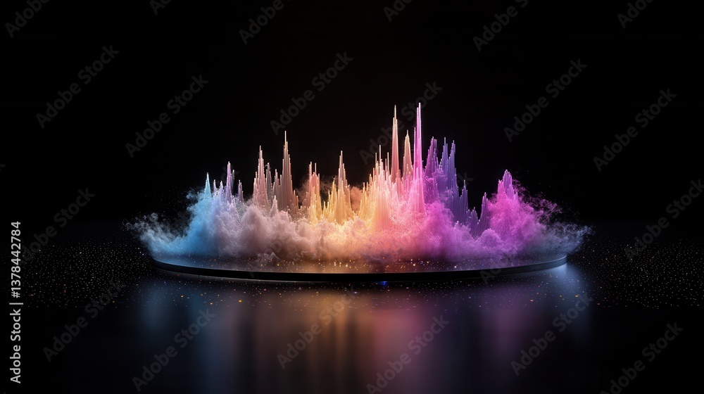 Poster abstract digital visualization of audio frequencies with vibrant colors and dynamic wave patterns