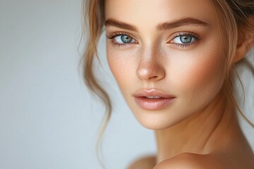 Naklejka premium Close-up portrait of a young woman with flawless skin and defined facial features in soft lighting, showcasing natural beauty and ideal symmetry, perfect for skincare branding, cosmetics visuals and 