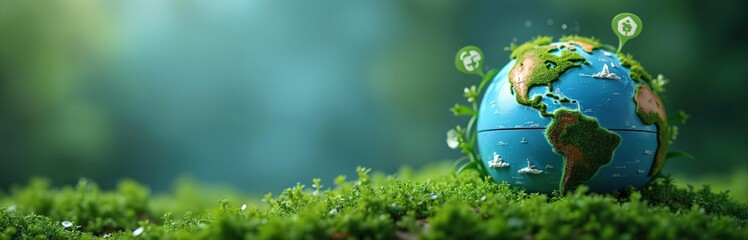Eco-friendly globe with recycling symbols, earth covered with moss, in green grass. Climate concept represents environmental protection, sustainable energy, eco-friendly transport, climate change,